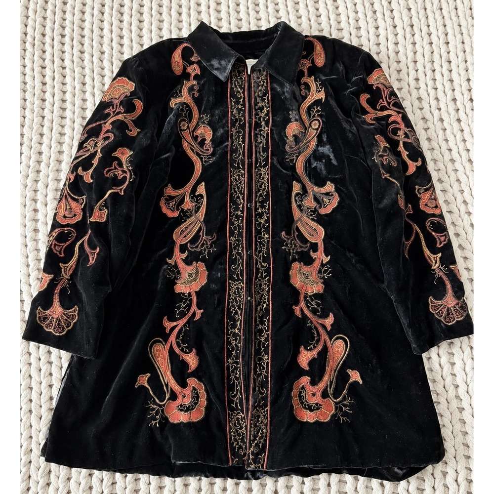 Coldwater Creek Black Velvet Embroidered Jacket Paisley Floral Boho Petite M PM